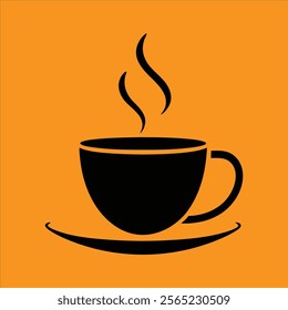 a black silhouette of a coffee cup with steam rising from it, placed on a saucer, against a bright orange background.