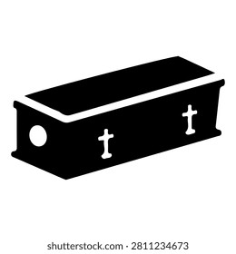 A black silhouette of a coffin featuring crosses on the sides, symbolizing Christian burial practices and religious significance.