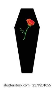 A black silhouette coffin with a red rose isolated on a white background