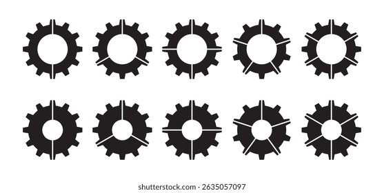 Black silhouette cogwheel stages segmentation.  Diagram infographic of cogwheel set. Segmented of 2, 3, 4, 5, and 6 parts.	