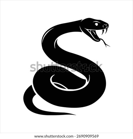 A black silhouette of a coiled snake with its head raised, mouth open, and forked tongue extended, on a white background.