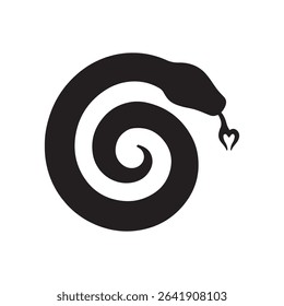 A black silhouette of a coiled snake with a heart shaped tongue on a white background illustration