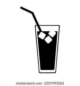 Black silhouette of cold carbonated drink isolated on white. Glass cup with ice cubes and drinking straw cartoon illustration. Summer, beach holidays concept. Simple black and white vector