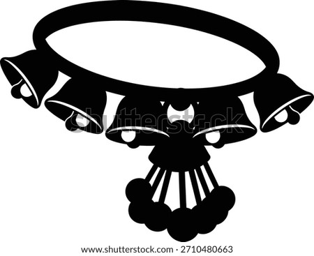 A black silhouette of a collar adorned with several bells and dangling decorative elements is shown on a white background.