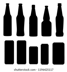 Black silhouette. Collection of beer cans and bottles. Template flat icon. Alcoholic drink. Illustration isolated on white background.