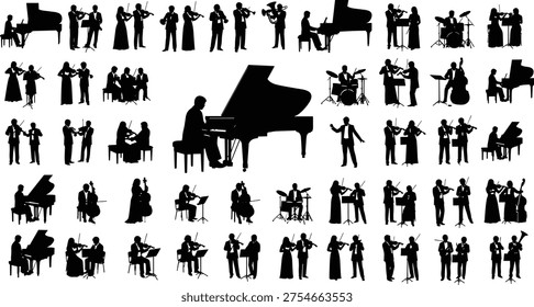 Black silhouette collection of classical musicians playing grand piano, violin, cello, drums, and orchestral performers in various musical poses isolated