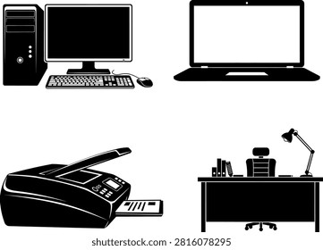 Black silhouette collection of computer equipment including desktop monitor pc tower keyboard mouse printer and office workspace with desk lamp furniture set modern digital devices isolated on transparent background design element