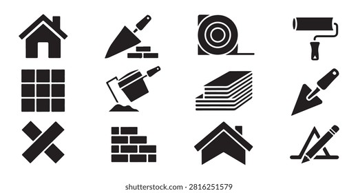 Black silhouette collection of construction tools and materials icons on white background, vector graphic.