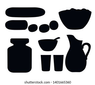 Black silhouette. Collection of cucumber products and dishes. Fresh and Cooked cucumbers. Cucumber in glass jar and juice in glass jug. Flat vector illustration isolated on white background.