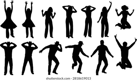 Black silhouette collection of dancing and jumping people in various dynamic poses black silhouettes