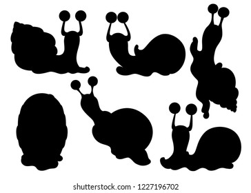 Black silhouette. Collection of different snails. Sea and forest snails. Clam cartoon character design. Flat vector illustration isolated on white background.