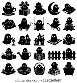 Black silhouette collection featuring adorable ghosts interacting with pumpkins coffee mugs swings haunted houses and nature