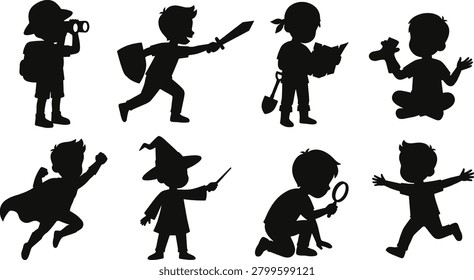 Black silhouette collection featuring children exploring, reading maps, playing superheroes, pretending to be wizards, investigating clues, and engaging in imaginative adventures. Ideal for education, childhood development, storytelling, creative learning, and recreational themes.