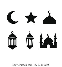 Colección de silueta negra con una luna creciente, forma de estrella, cúpula de la mezquita, horizonte de la mezquita con cúpulas y minaretes, y linternas colgantes. Todos los Elementos se muestran por separado y aislados sobre fondo blanco.
