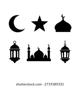 Schwarze Silhouettenkollektion mit einem Halbmond, Sternenform, Moschee-Kuppel, Moschee-Skyline mit Minaretten und hängenden Laternen. Alle Elemente werden einzeln auf weißem Hintergrund angezeigt.
