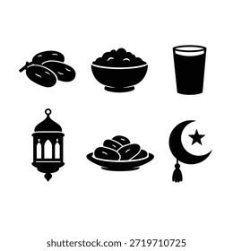 Schwarze Silhouettenkollektion mit Datteln, Früchten in Schüsseln und Tellern, einem Glas Getränk, einer Hängelaterne und einem Halbmond mit Stern. Alle Elemente werden einzeln auf weißem Hintergrund angezeigt.
