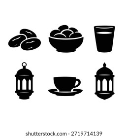 Schwarze Silhouettenkollektion mit Datteln, Früchten in Schüsseln und Tellern, einem Glas Getränk, einer Hängelaterne und einem Halbmond mit Stern. Alle Elemente werden einzeln auf weißem Hintergrund angezeigt.
