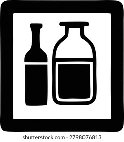 Black silhouette collection featuring different beverage container shapes including glass bottles within square border graphic element isolated on white background.
