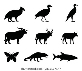 A black silhouette collection featuring diverse wildlife including birds, deer, antelope, butterflies, lizards, and sharks.