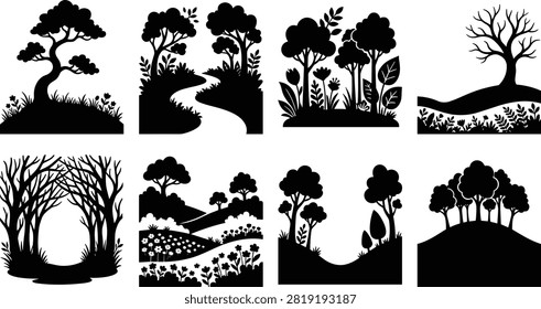 Black silhouette collection featuring forest scenes, winding paths, tree groups, floral meadows, hills, and decorative woodland frames. Suitable for logos, posters, book covers, invitations, wall art, branding, and nature-themed designs.