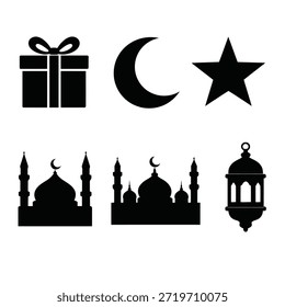 Schwarze Silhouette-Kollektion mit einer Geschenkbox mit Band, Halbmond, Sternenform, Moschee-Skylines mit Kuppeln und Minaretten und einer Hängelaterne. Alle Elemente werden einzeln auf weißem Hintergrund angezeigt.
