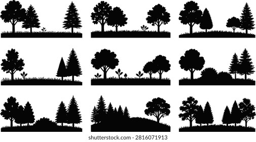 Black silhouette collection featuring mixed woodland borders with deciduous trees, conifers, shrubs, grass, and varied natural arrangements. Ideal for landscape designs, environmental graphics, nature posters, outdoor branding, signage, backgrounds, and architectural presentations.
