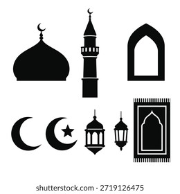 Schwarze Silhouettenkollektion mit Moschee-Kuppel mit Halbmond, hohem Minarett, gewölbten Fensterformen, Halbmond mit Stern, hängenden Laternen und einer Gebetsmatte. Die Elemente werden einzeln auf weißem Hintergrund dargestellt.
