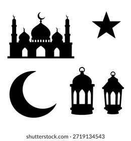 Black silhouette collection featuring a mosque with domes and minarets, a crescent moon, star shape, and two hanging lanterns. All elements are shown separately and isolated on white background.
