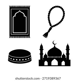 Black silhouette collection featuring a prayer mat with fringe, a strand of prayer beads, a prayer cap, and a mosque with domes and minarets. All elements are shown separately and isolated on white background.
