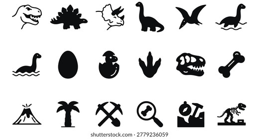 Black silhouette collection featuring prehistoric reptiles icons.