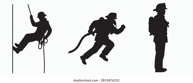 Black silhouette collection featuring a rope access firefighter, a running wild feline, and a standing firefighter in protective gear. Isolated vector-style graphics on a white background.