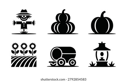 Black silhouette collection featuring scarecrow, pumpkins, sunflowers, hay wagon, and lantern, ideal for autumn and halloween designs.