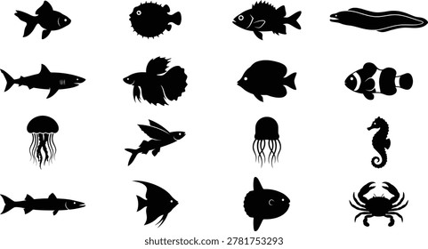 Black silhouette collection featuring various marine animals and different fish species designed as a scalable vector illustration for creative projects involving underwater life and oceanic themes