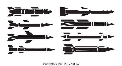 Black silhouette collection featuring various guided missiles tactical munitions and ordnance design elements.