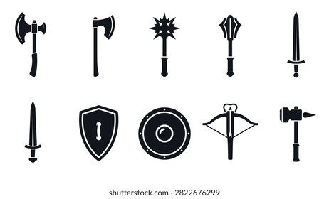 Black silhouette collection featuring various medieval weapons and armor pieces. Includes axes swords mace crossbow and circular or heater shields. Versatile set designed for game development character UI web elements or historical illustration projects. Minimalist style crisp outline graphics.