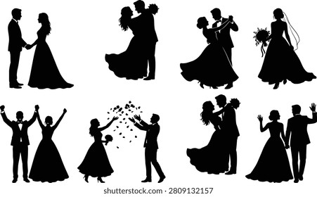 A black silhouette collection featuring wedding couples in romantic poses including dancing, embracing, holding hands, celebrating, bouquet tossing, and bridal portraits. Ideal for wedding invitations, event planners, greeting cards, websites, romantic branding, and infographic design.