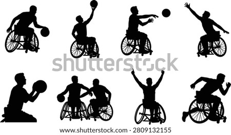 Black silhouette collection featuring wheelchair basketball players dribbling, passing, shooting, racing, and celebrating victory. Perfect for adaptive sports, inclusive athletics, rehabilitation, accessibility, education, and sports-themed creative projects.