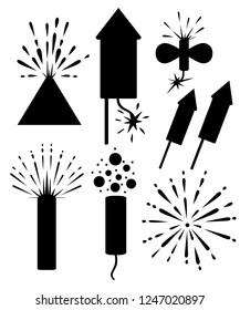 Black silhouette. Collection of firecracker. Pyrotechnic icon set. Firework for New Year celebration. Flat vector illustration isolated on white background.