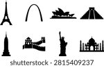 Black silhouette collection of globally recognized architectural landmarks and cultural monuments presented in a clean vector style. Suitable for travel designs, tourism branding, educational materials, posters, maps, and destination-themed projects.