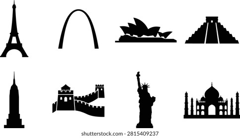 Black silhouette collection of globally recognized architectural landmarks and cultural monuments presented in a clean vector style. Suitable for travel designs, tourism branding, educational materials, posters, maps, and destination-themed projects.