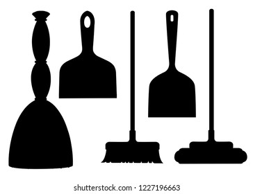 Black silhouette. Collection of household cleaning utensil. Broom, mop, scoop. Flat vector illustration isolated on white background.