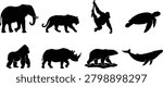 Black silhouette collection of iconic wild animals including terrestrial mammals, primates, marine creatures, and endangered species. Ideal for wildlife education, conservation projects, nature-themed graphics, logos, posters, and vector design resources.