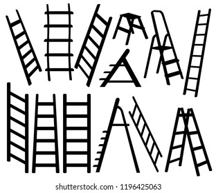 Black silhouette. Collection of metal ladders. Different types of stepladders. Flat vector illustration isolated on white background.