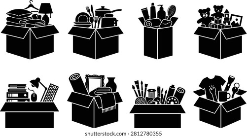 Black silhouette collection of open boxes filled with household goods, clothing, kitchenware, toiletries, toys, office equipment, decor, and art supplies. Suitable for donation, relocation, decluttering, storage, charity, recycling, and packing projects.
