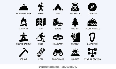 Black silhouette collection of outdoor activity icons highlighting essential camping gear survival tools and mountainous landscapes perfect for travel guides wilderness exploration mobile apps and adventure branding projects requiring clean graphical representations of hiking activities.