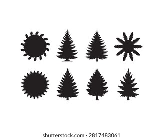 Black Silhouette Collection of Pine Trees and Abstract Sun Shapes on White Background