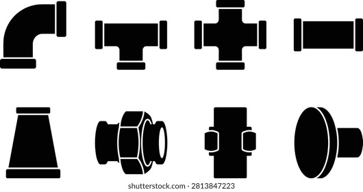 Black silhouette collection of plumbing pipe fittings including elbows, tees, crosses, couplings, unions, and connectors isolated on a white background. Ideal for plumbing projects, engineering diagrams, construction graphics, technical illustrations, vector icons, manuals, and commercial design applications.