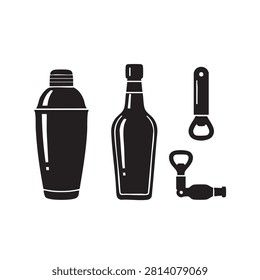 Black silhouette collection of professional bartending tools including drink shaker liquor bottle and bottle opener essential for preparing mixed beverages in bars nightclubs and home parties high quality vector graphic design for mixology and beverage hospitality industry projects.