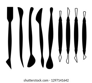 Black silhouette. Collection of sculpting tools. Set of clay modeling instrument. Wood and metal material. Flat vector illustration isolated on white background.