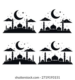 Coleção de silhuetas pretas mostrando várias cenas do horizonte da mesquita com cúpulas e minaretes sob uma lua crescente. As composições incluem nuvens e formas de estrelas no céu noturno, apresentadas como variações separadas do horizonte em fundo branco.
